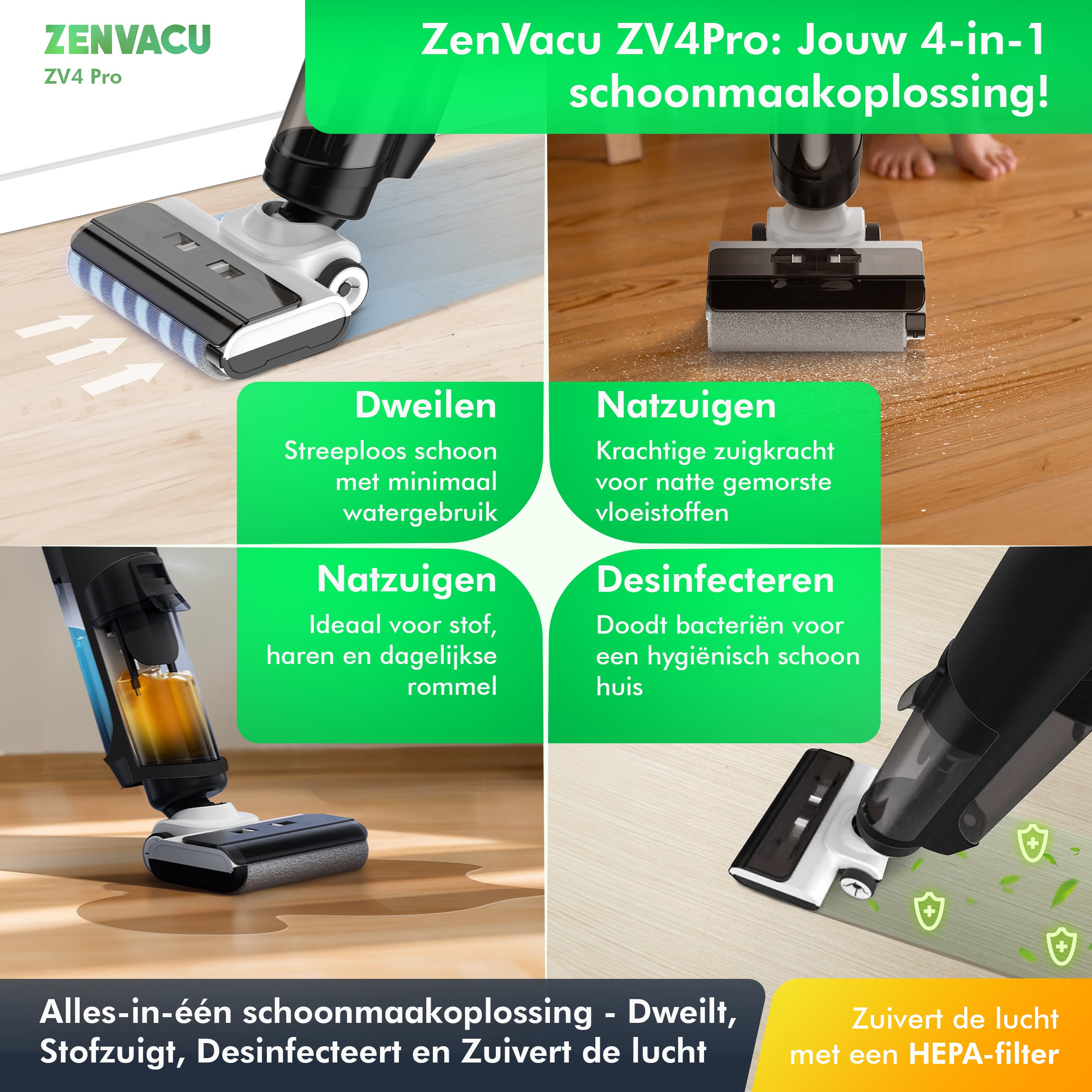 ZenVacu ZV4 Pro Steelstofzuiger met Dweilfunctie